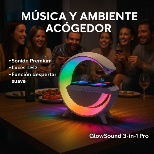 GlowSound 3-in-1 Pro – Altavoz + Cargador Inalámbrico + Luz LED Amanecer